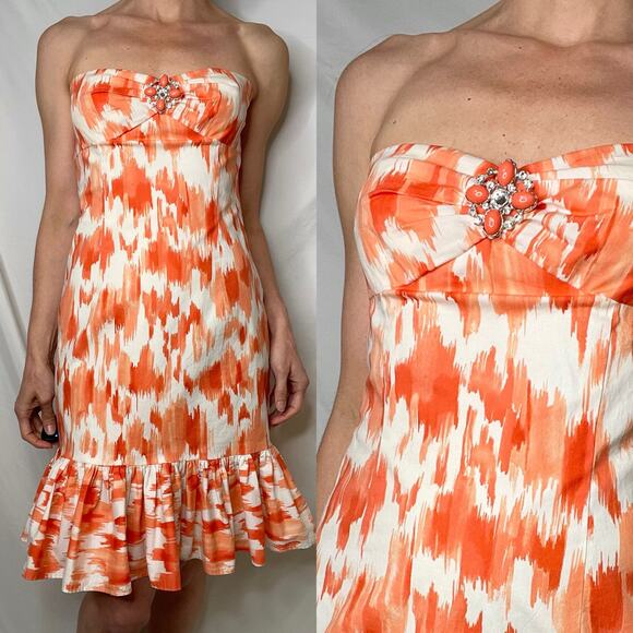 Cache strapless coral orange abstract print mini dress ruffle hem Y2K vintage 4 - Picture 14 of 16